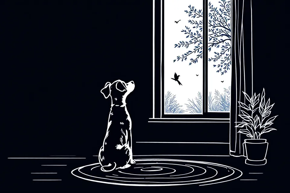 Line drawing of a healthy young dog sitting upright by a tall window, ears up, watching a tree outside.
