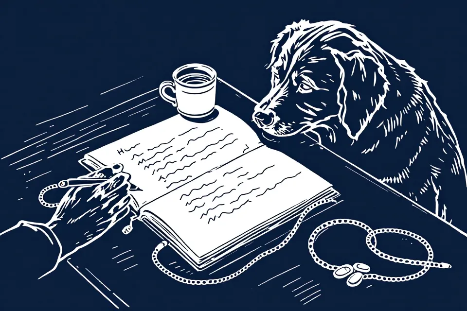 Line drawing of hands writing a list in a notebook at a kitchen table while a calm dog rests its chin on the table edge.