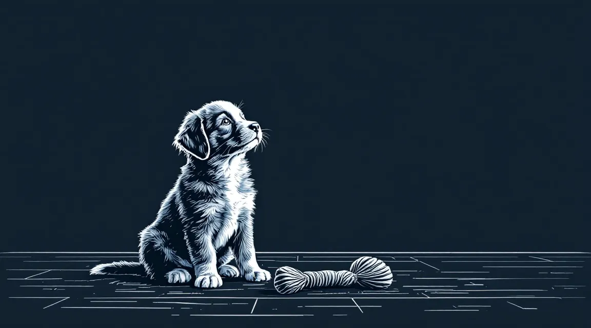 Line drawing of a relaxed puppy sitting on a wooden floor, looking up at an open hand held out beside it.